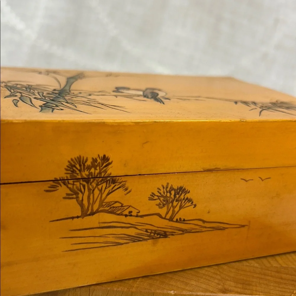 Vintage Jewelry wooden box with bamboo and birds hand painted
